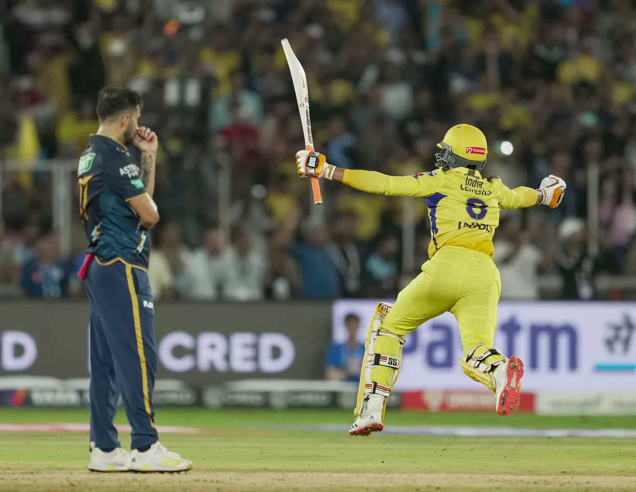 Chennai Super Kings batter Ravindra Jadeja celebrates after winning the IPL 2023 final cricket match against Gujarat Titans