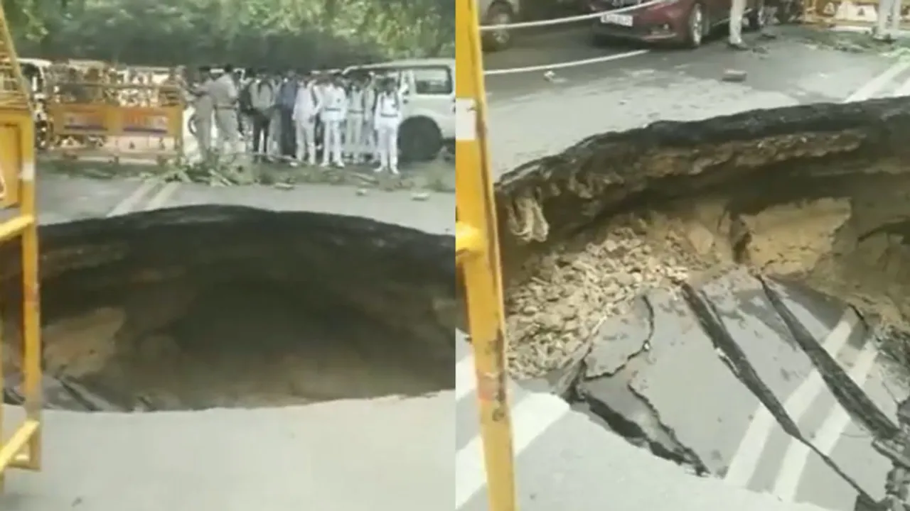 Large chunk of road caves in Janakpuri, causes traffic congestion