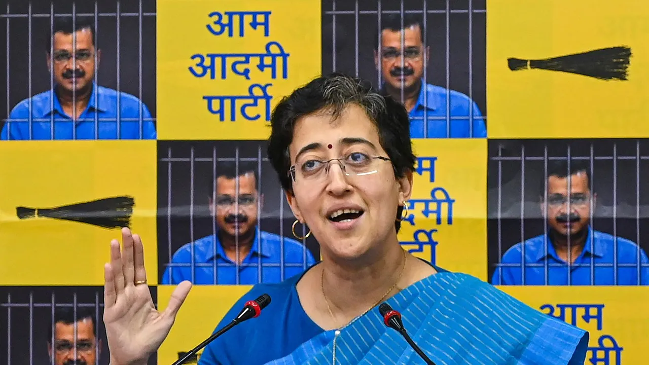 Delhi Minister and AAP leader Atishi Singh addresses a press conference, at the party office in New Delhi, Friday, April 5, 2024