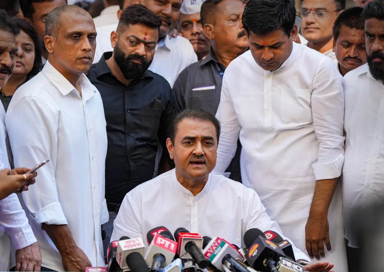 Nationalist Congress Party leader Praful Patel addresses the media at Y B Chavan Centre after a meeting with the party chief Sharad Pawar, in Mumbai