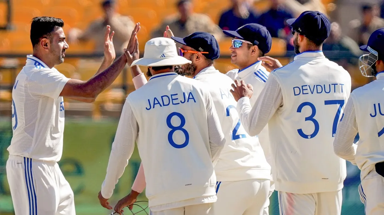 India's Ravichandran Ashwin with teammates celebrates the wicket of England's Zak Crawley during the 3rd day of the fifth Test cricket match between India and England, in Dharamsala, Satutday, March 9, 2024