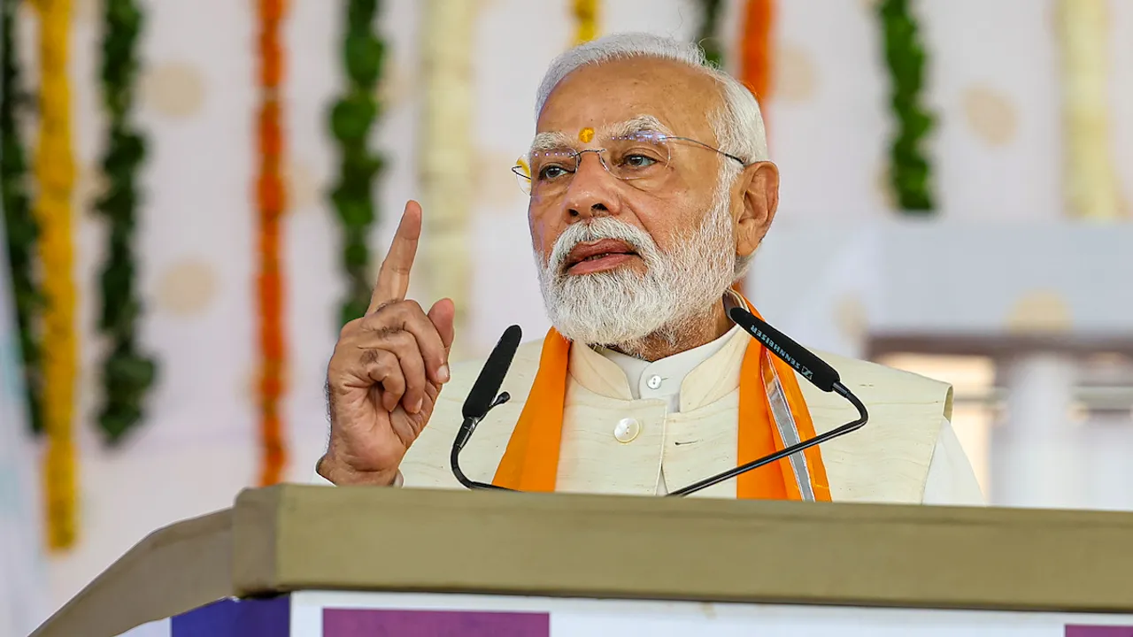 Modi addresses a function for laying of foundation stones and dedication of various development projects, in Chittorgarh, Rajasthan, Monday, Oct. 2, 2023.