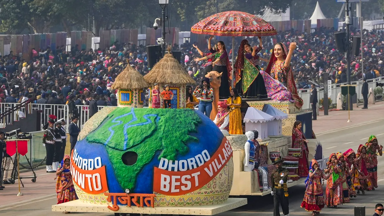 Gujarat tableau on display during full dress rehearsal for the Republic Day Parade 2024 at the Kartavya Path