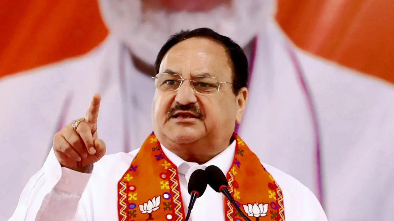 BJP National President JP Nadda addresses a public meeting ahead of the second phase of Lok Sabha elections, in Lormi, Chhattisgarh, Sunday, April 21, 2024