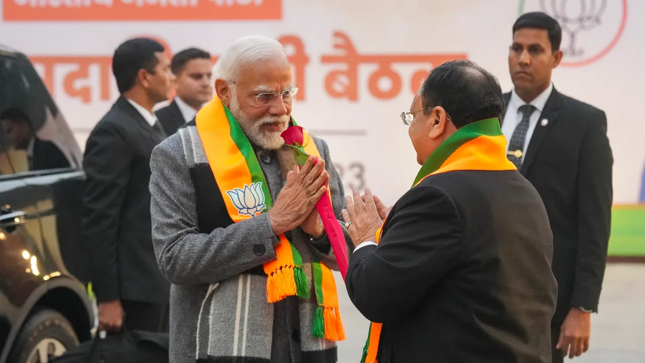 Prime Minister Narendra Modi being welcomed by BJP national president JP Nadda upon his arrival to attend BJP's national office-bearers' meeting at BJP headquarters, in New Delhi