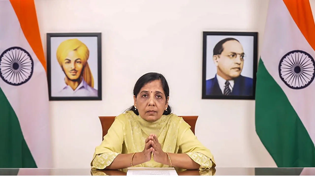 Sunita Kejriwal, wife of Delhi Chief Minister and AAP Convenor Arvind Kejriwal, virtually addresses a press conference, on Wednesday, March 27, 2024
