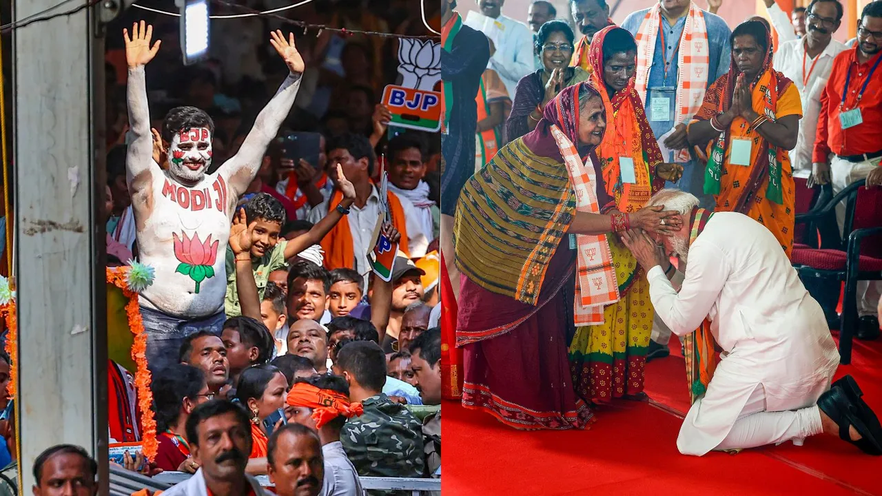 Prime Minister Narendra Modi greets an elderly woman during a public meeting ahead of the seventh phase of Lok Sabha elections, in Kendrapara district, Wednesday, May 29, 2024