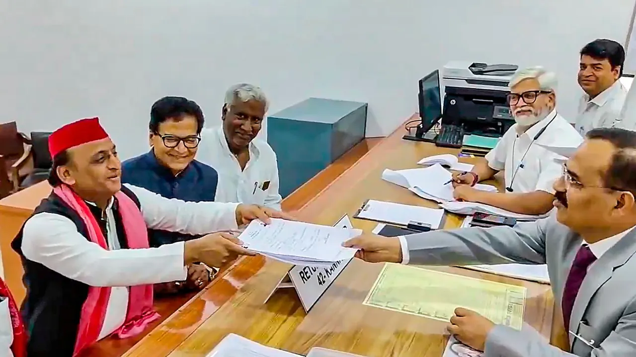 Samajwadi Party (SP) chief and former Uttar Pradesh chief minister Akhilesh Yadav files his nomination for Lok Sabha elections, in Kannauj, Thursday, April 25, 2024