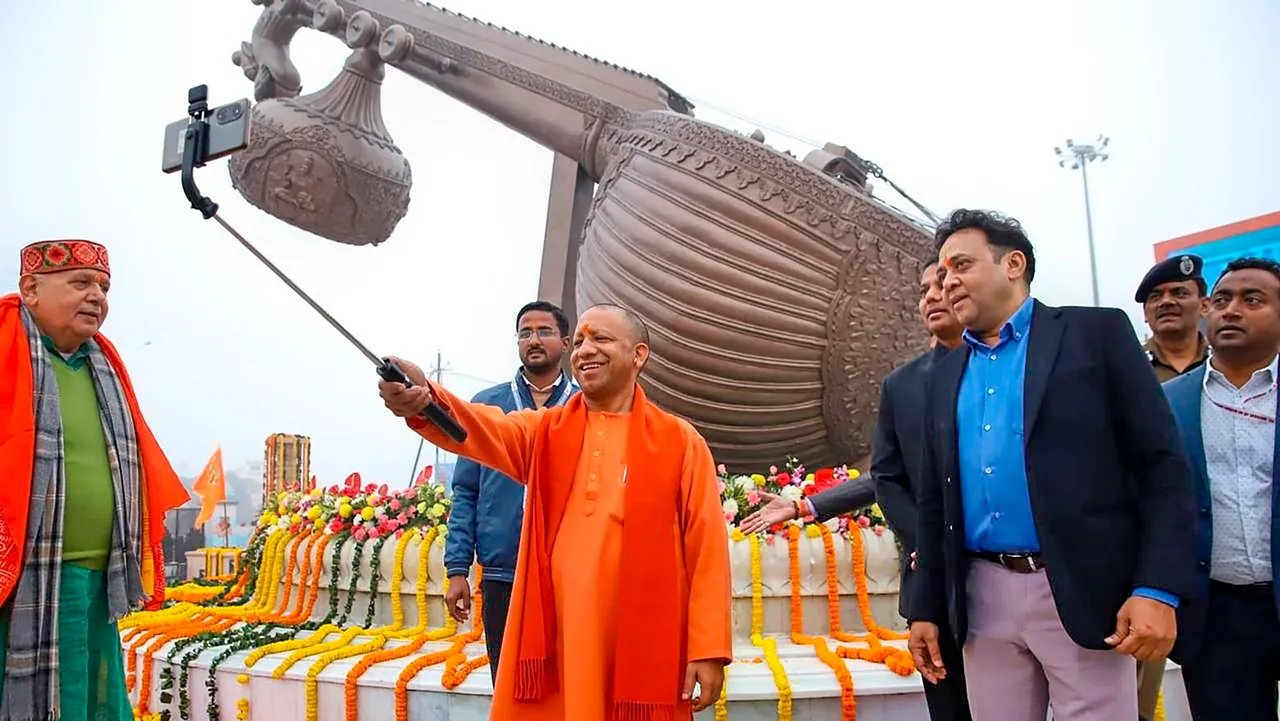 Uttar Pradesh Chief Minister Yogi Adityanath clicks a selfie at Lata Mangeshkar Chowk, in Ayodhya