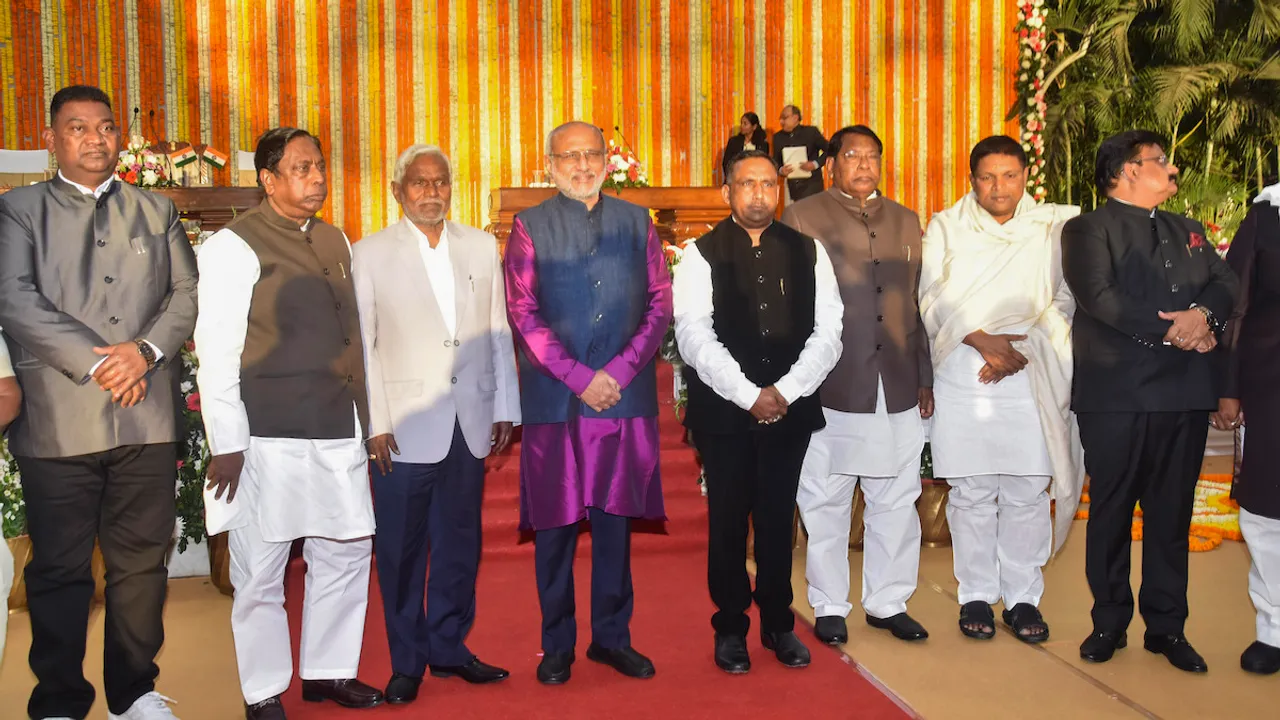 Jharkhand Governor CP Radhakrishnan and Chief Minister Champai Soren pose for photos with the newly sworn-in state cabinet ministers at the Raj Bhavan, in Ranchi, Friday, Feb. 16, 2024.