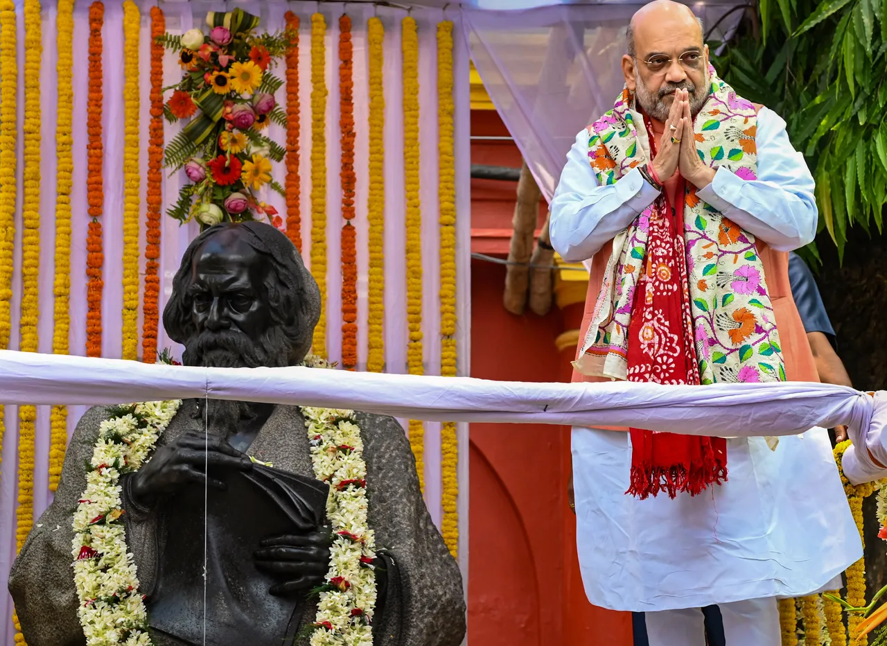 Union Home Minister Amit Shah after paying tribute to Nobel laureate Rabindranath Tagore on the occasion of his birth anniversary, at his ancestral house 'Jorasanko Thakurbari', in Kolkata