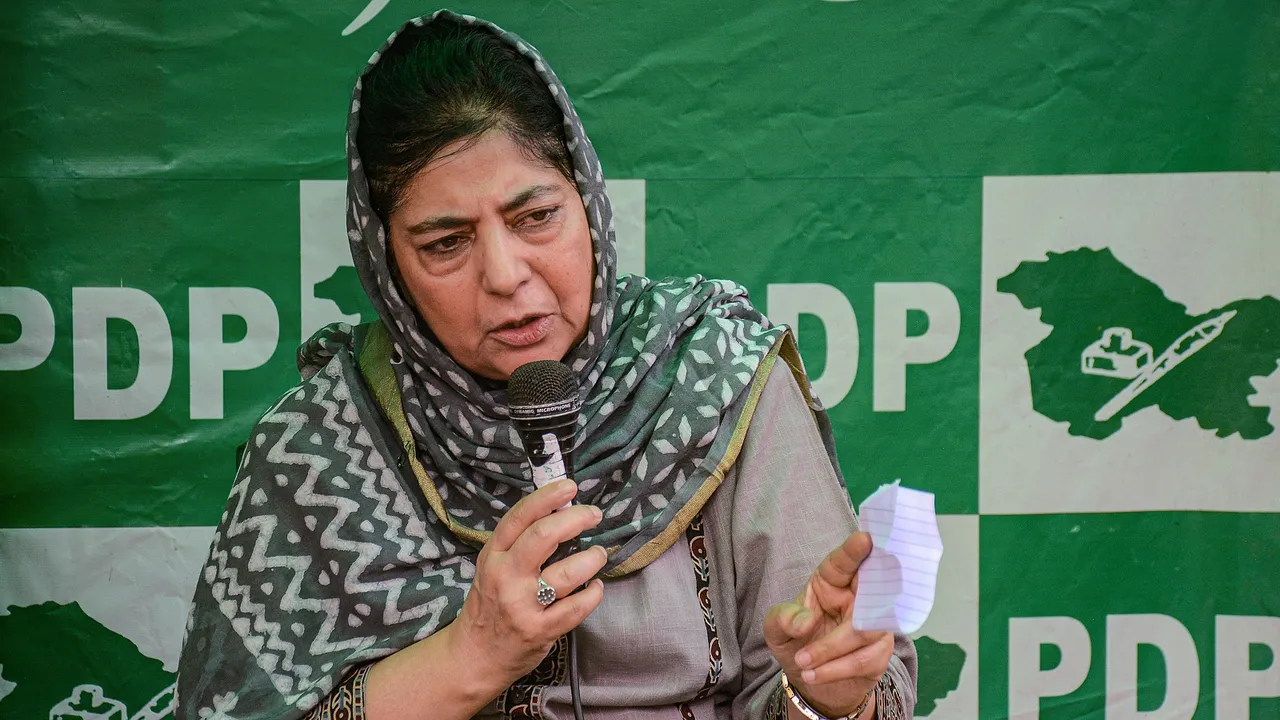 Former J&K chief minister and PDP President Mehbooba Mufti addresses a press conference over in Srinagar
