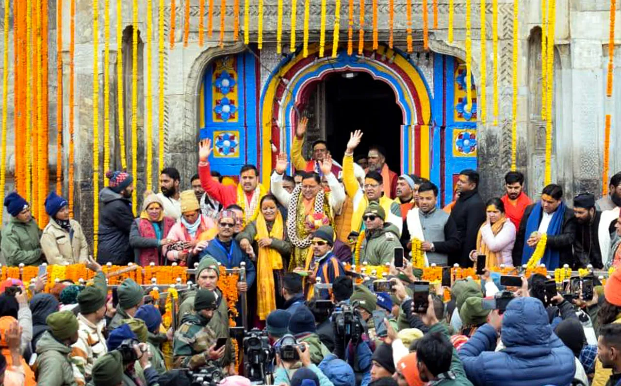 Uttarakhand Chief Minister Pushkar Singh Dhami at the Kedarnath Temple after the opening of the temple's doors, in Rudraprayag district