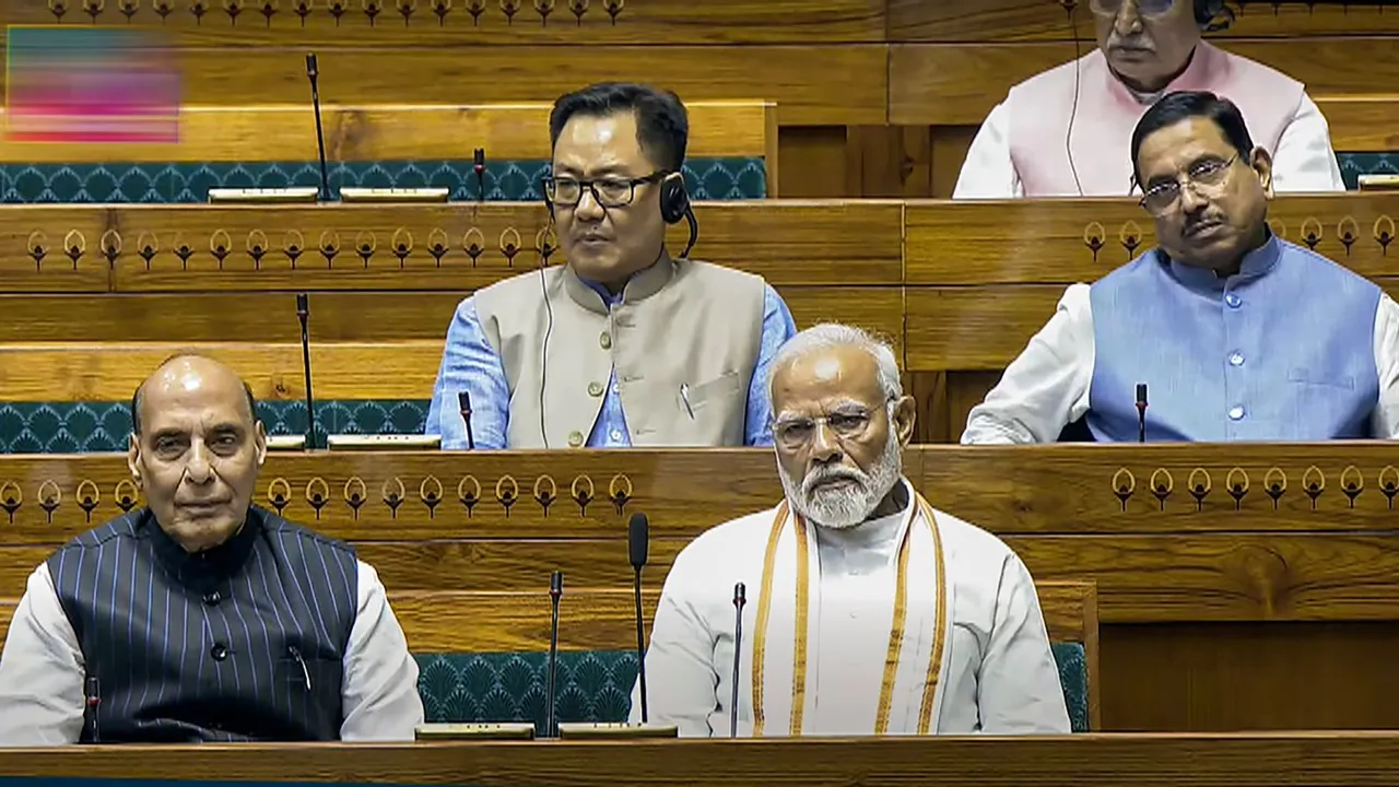 Prime Minister Narendra Modi, Union Ministers Rajnath Singh, Kiren Rijiju and Pralhad Joshi attend proceedings in the Lok Sabha during ongoing Parliament session, in New Delhi, Monday, July 1, 2024.