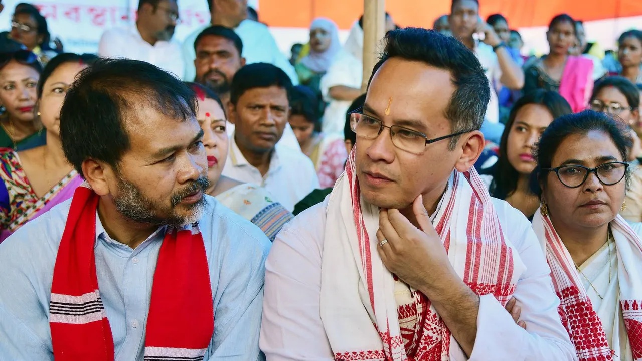 Congress MP Gaurav Gogoi and MLA Akhil Gogoi during a protest against the Citizenship (Amendment) Act (CAA), in Nagaon district of Assam