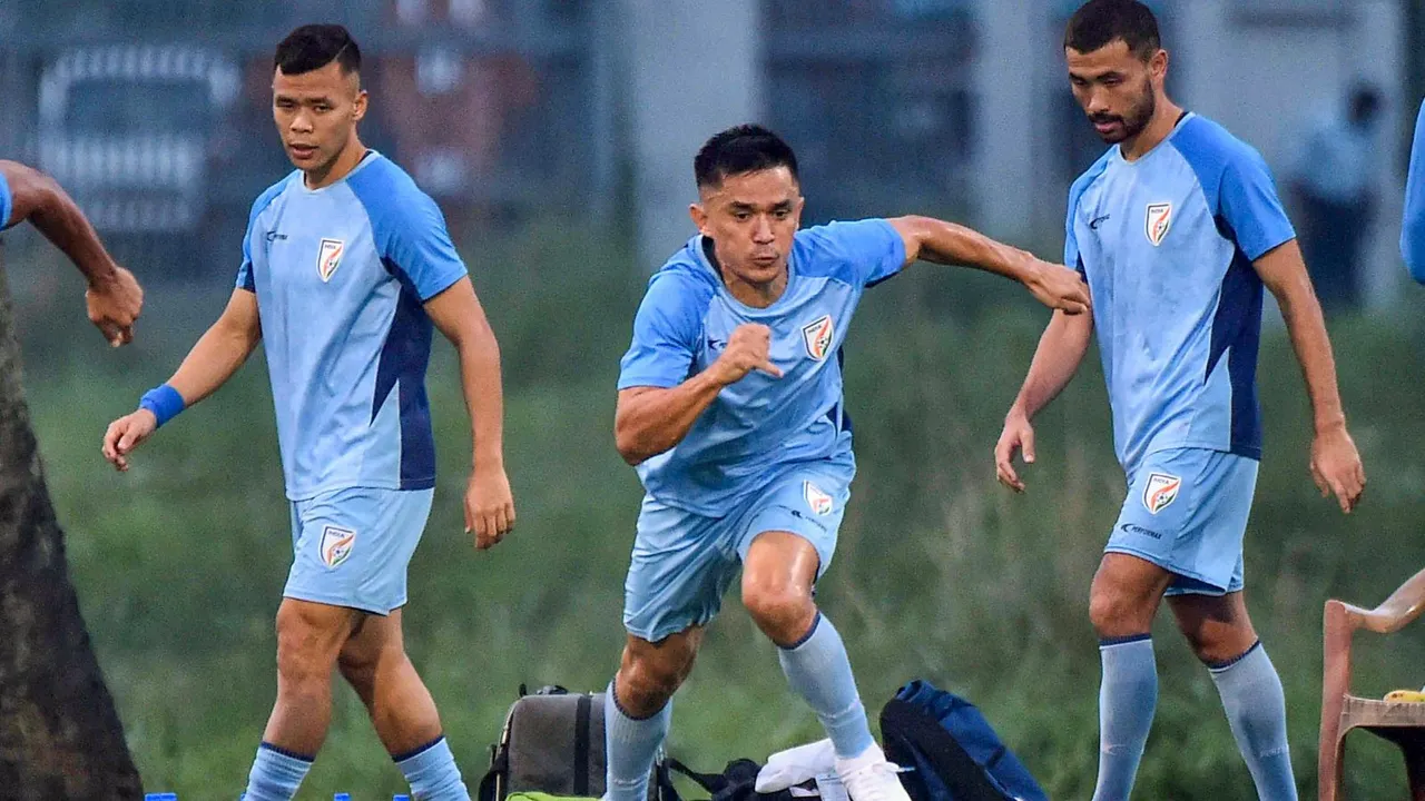 Indian national football team captain Sunil Chhetri and other players during a practic session ahead of the FIFA World Cup qualifiers match against Kuwait, in Kolkata