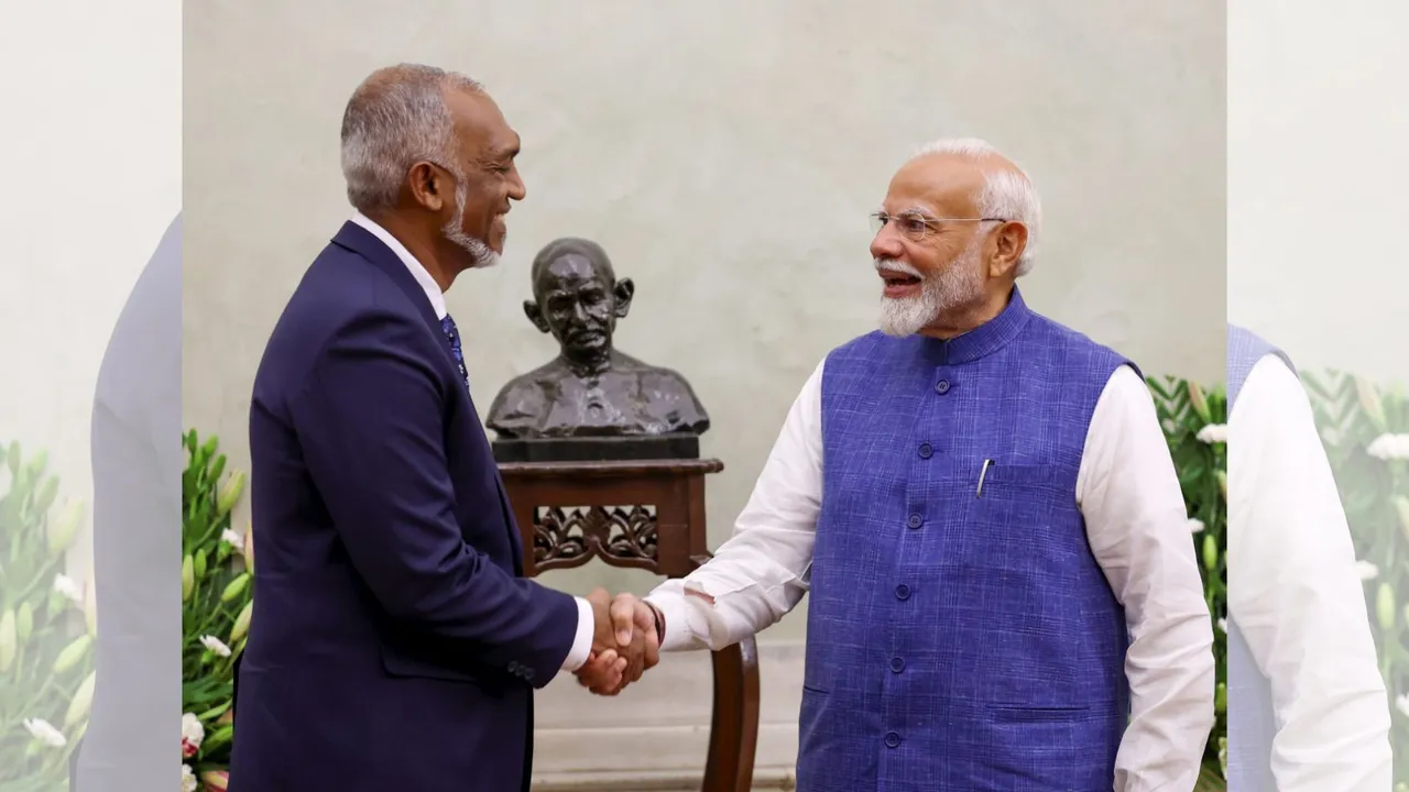 Prime Minister Narendra Modi with President of Maldives Mohamed Muizzu during a meeting after his swearing-in ceremony, in New Delhi, Sunday, June 9, 2024.