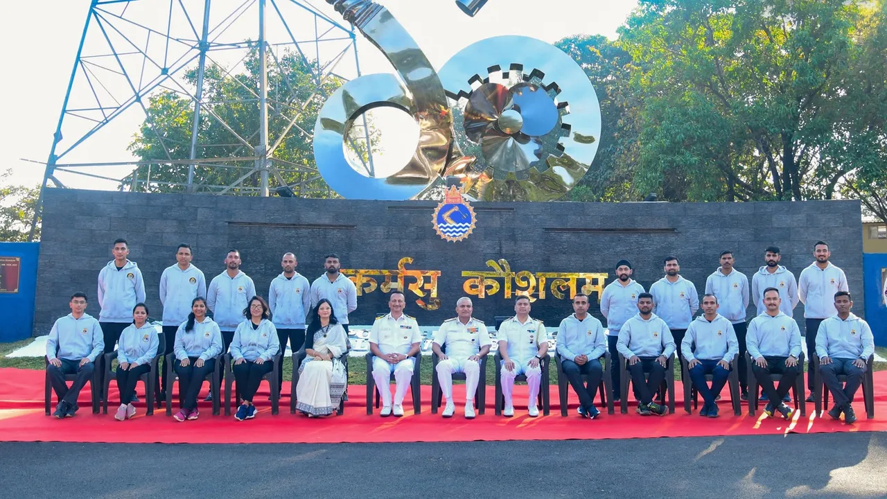 Admiral R Hari Kumar poses for a group photo during the flagging off ceremony of the Indian Navy Chadar Trek  expedition, at INS Shivaji in Lonavala, Maharashtra