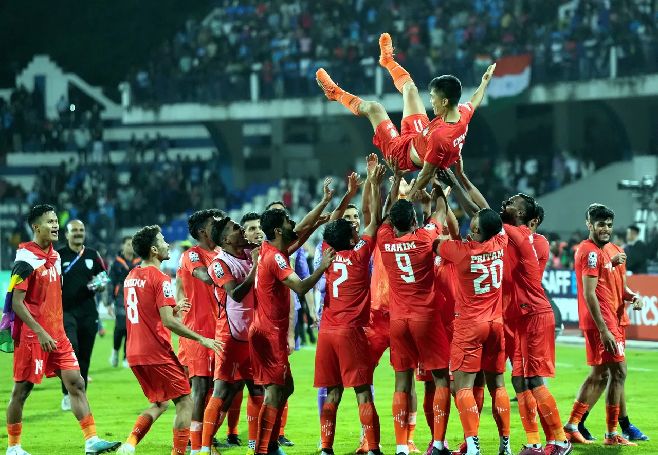 Indian football team players celebrate after winning the final football match of SAFF Championship 2023 against Kuwait at Kanteerava Stadium, in Bengaluru