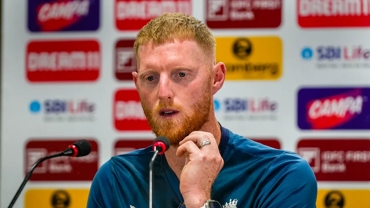 England's captain Ben Stokes addresses the media ahead of the fourth Test cricket match between India and England, at the JSCA International Stadium Complex, in Ranchi