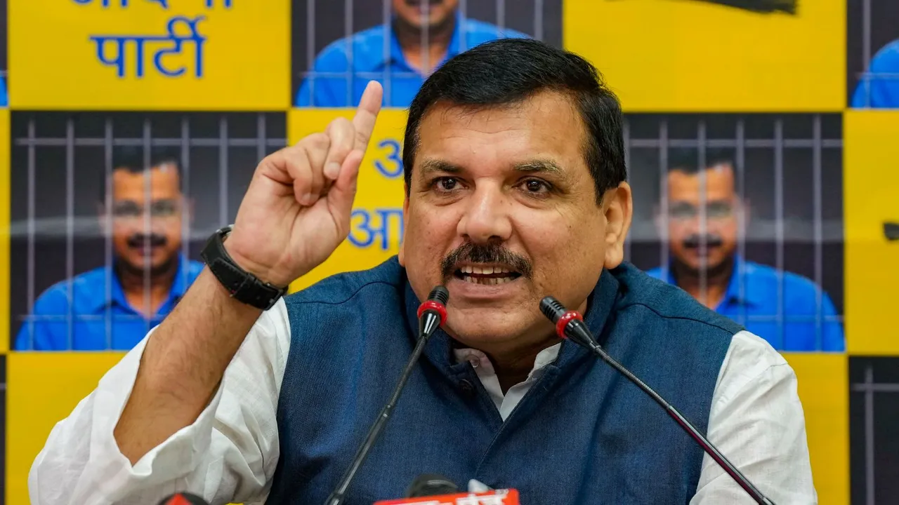 AAP MP Sanjay Singh addresses a press conference, in New Delhi, Tuesday, April 16, 2024