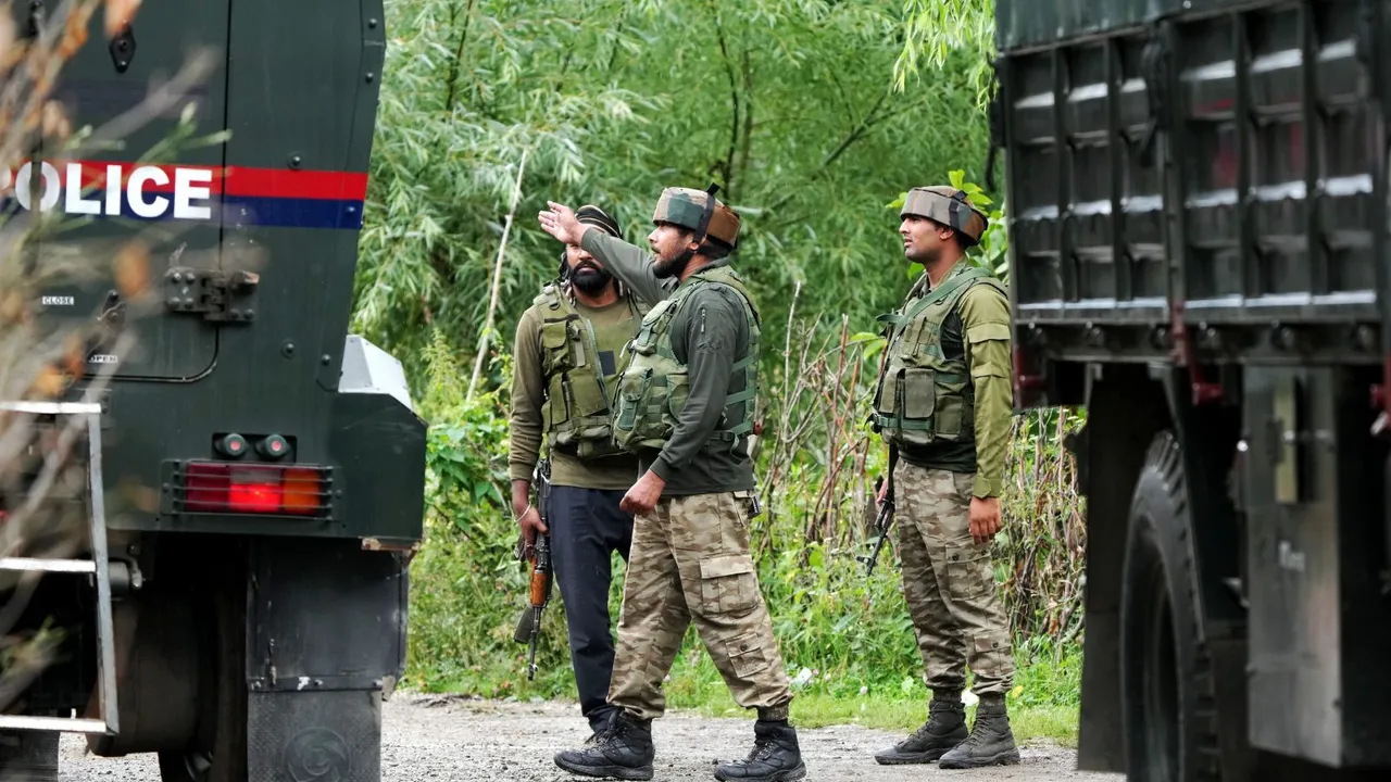 Security personnel during an encounter with terrorists at Ahlan Gagarmandu forest area, in Anantnag district of South Kashmir, Sunday, Aug. 11, 2024.