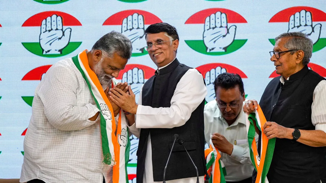 Jan Adhikar Party chief Pappu Yadav joins Congress in the presence of Congress leader Pawan Khera, at AICC Headquarters in New Delhi