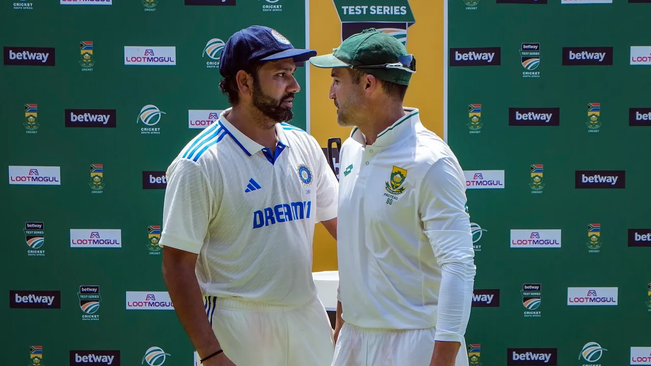 Indian captain Rohit Sharma and South African captain Dean Elgar during presentation ceremony at the end of the 2-match Test cricket series