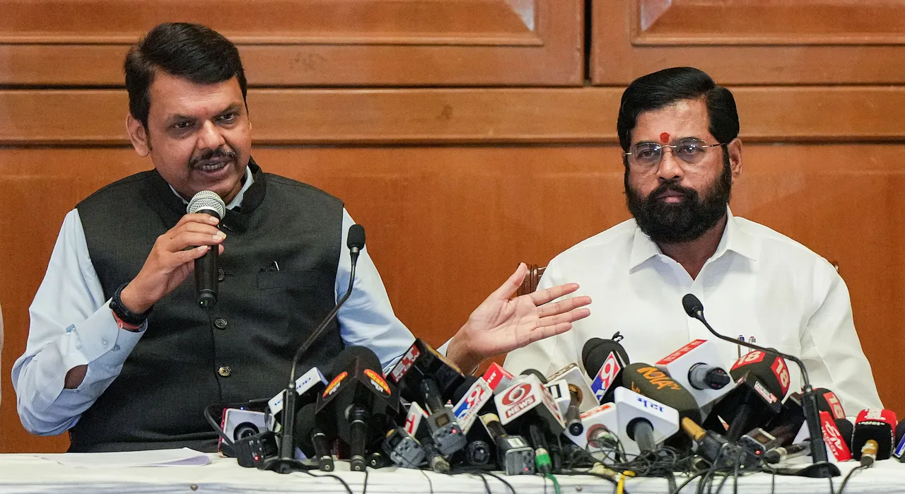 Maharashtra Chief Minister Eknath Shinde with Maharashtra Dy CM Devendra Fadnavis interacts with the media after the Supreme Court verdict on the state's political crisis, in Mumbai