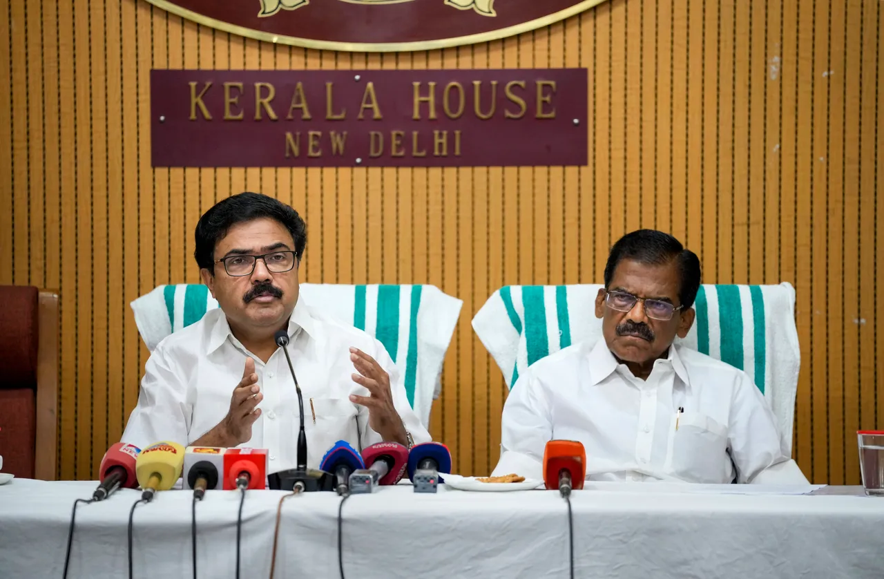 Kerala Congress (M) MPs Thomas Chazhikadan and Jose K. Mani address a press conference over violence in Manipur, in New Delhi, Wednesday.jpg
