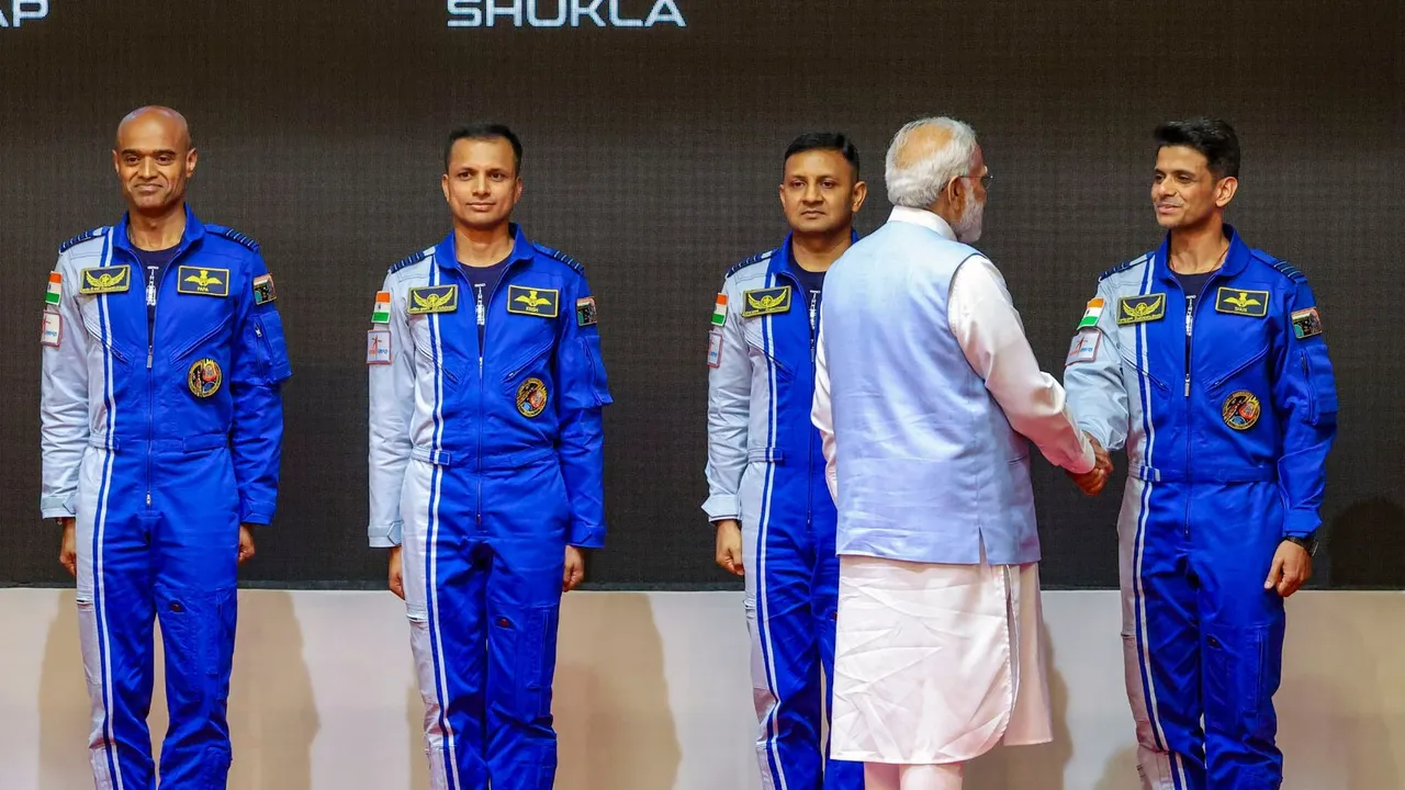 Prime Minister Narendra Modi hands-over wings to astronauts-designate who have been selected to be the astronauts for 'Gaganyaan Mission', at the Vikram Sarabhai Space Centre (VSSC), in Thiruvananthapuram