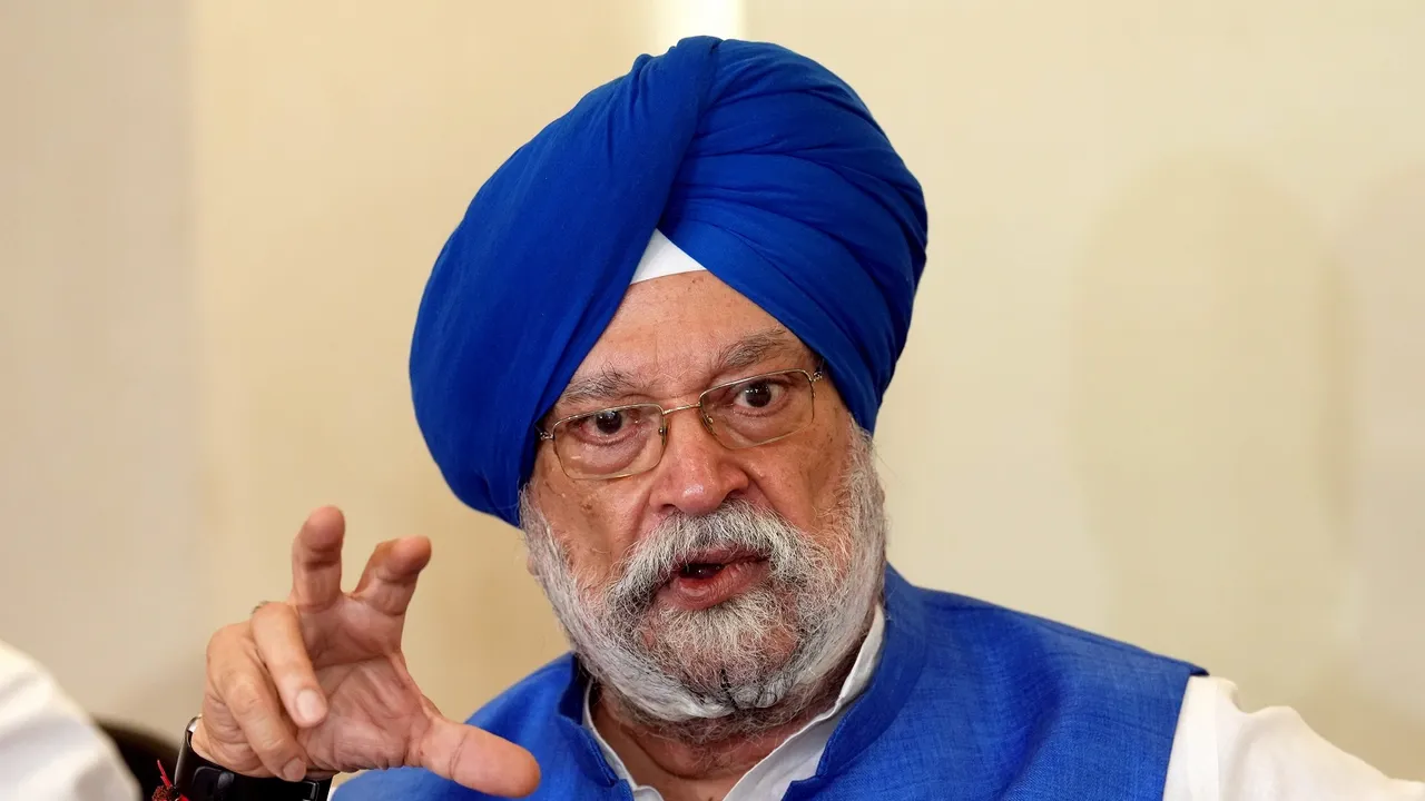 Union Minister for Housing and Urban Affairs and Petroleum and Natural Gas Hardeep Singh Puri addresses a press conference, in New Delhi
