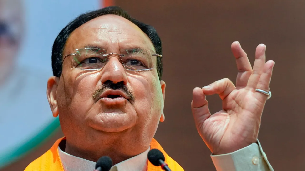 In this Saturday, April 27, 2024 file image, BJP President J P Nadda speaks after some new leaders joined the party at BJP HQ, in New Delhi.