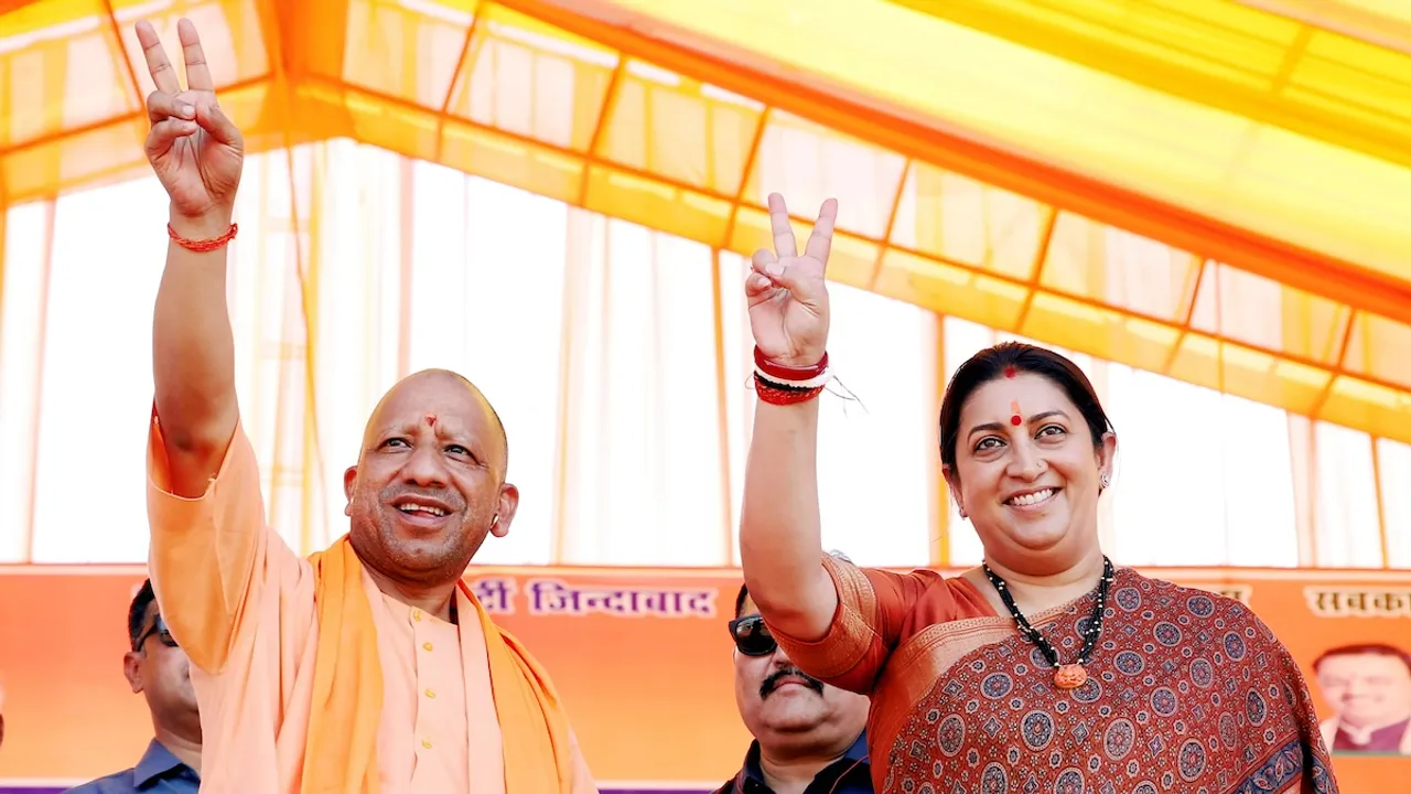 Yogi Adityanath and Smriti Irani during a campaign before May 20 polling in Amethi