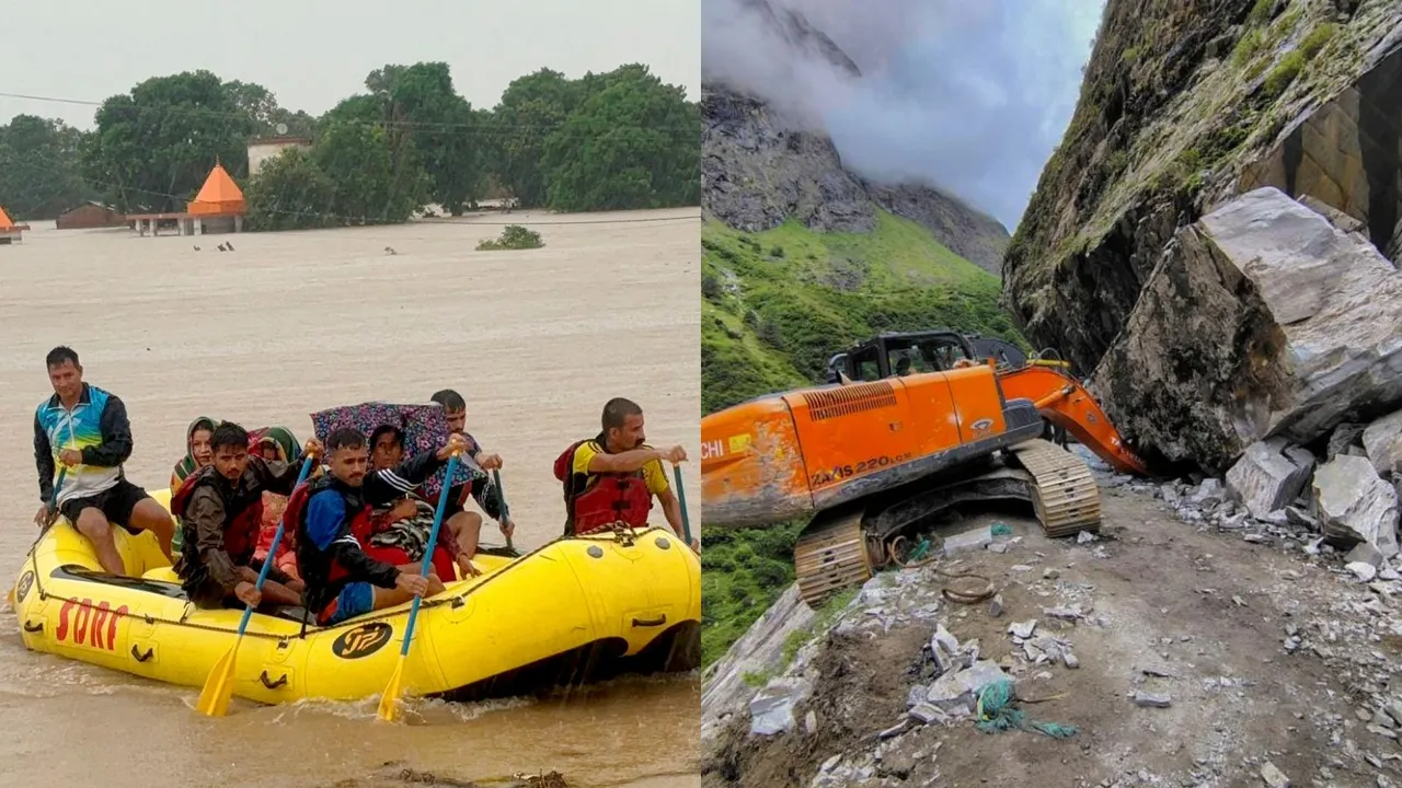 SDRF personnel rescue people from a flood affected area in Champawat district and excavator machine removing boulders from Badrinath National Highway