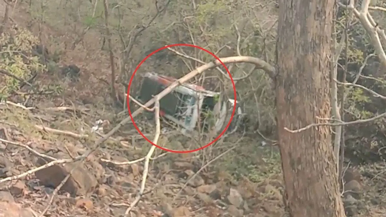 A bus undergoing repairs plunged into a 50-foot gorge in Karoli Ghat, Burhanpur, Madhya Pradesh, on Saturday.