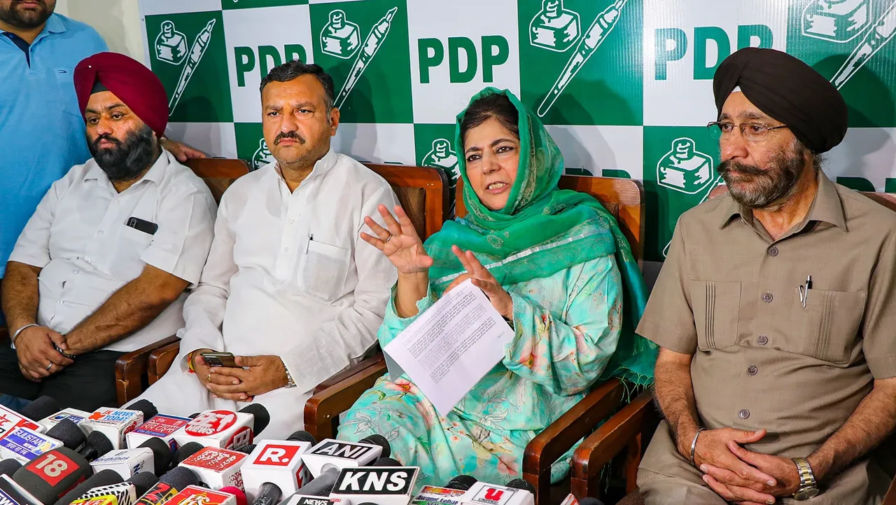 Peoples Democratic Party (PDP) president Mehbooba Mufti addresses a press conference at party office, in Jammu