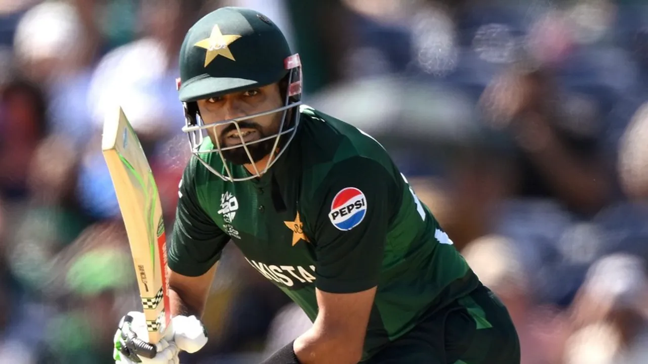 Pakistan's captain Babar Azam plays a shot during the ICC Men's T20 World Cup cricket match between United States and Pakistan at the Grand Prairie Stadium in Grand Prairie, Texas, Thursday, June 6, 2024.