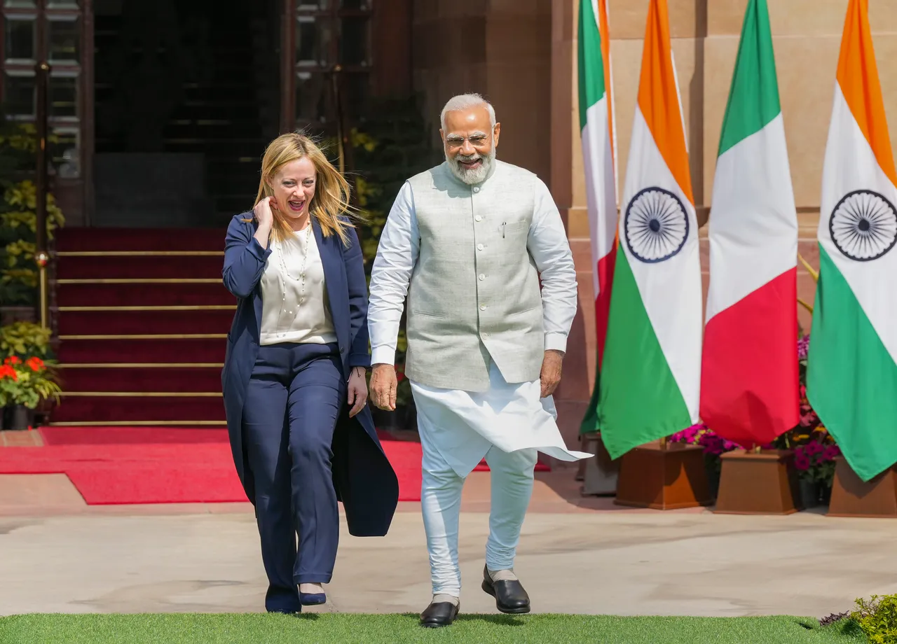 Prime Minister Narendra Modi with Prime Minister of Italy Giorgia Meloni before their meeting, at the Hyderabad House in New Delhi