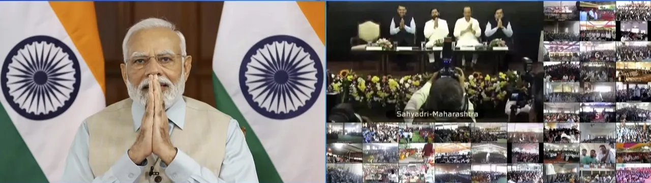 Prime Minister Narendra Modi digitally addresses the inauguration of 'Pramod Mahajan Grameen Kaushalya Vikas Kendras in Maharashtra, Thursday