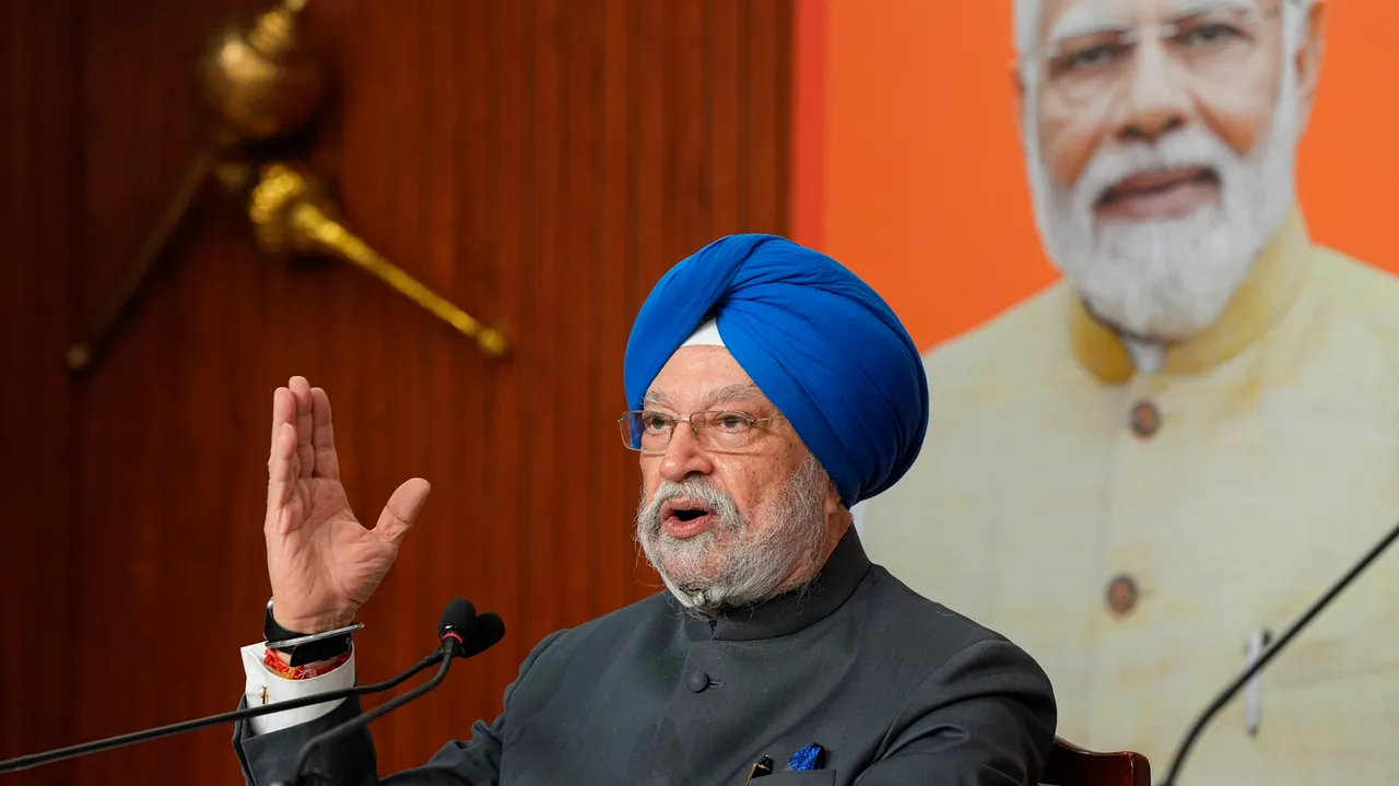 Union Minister Hardeep Singh Puri addresses the media at his residence, in New Delhi