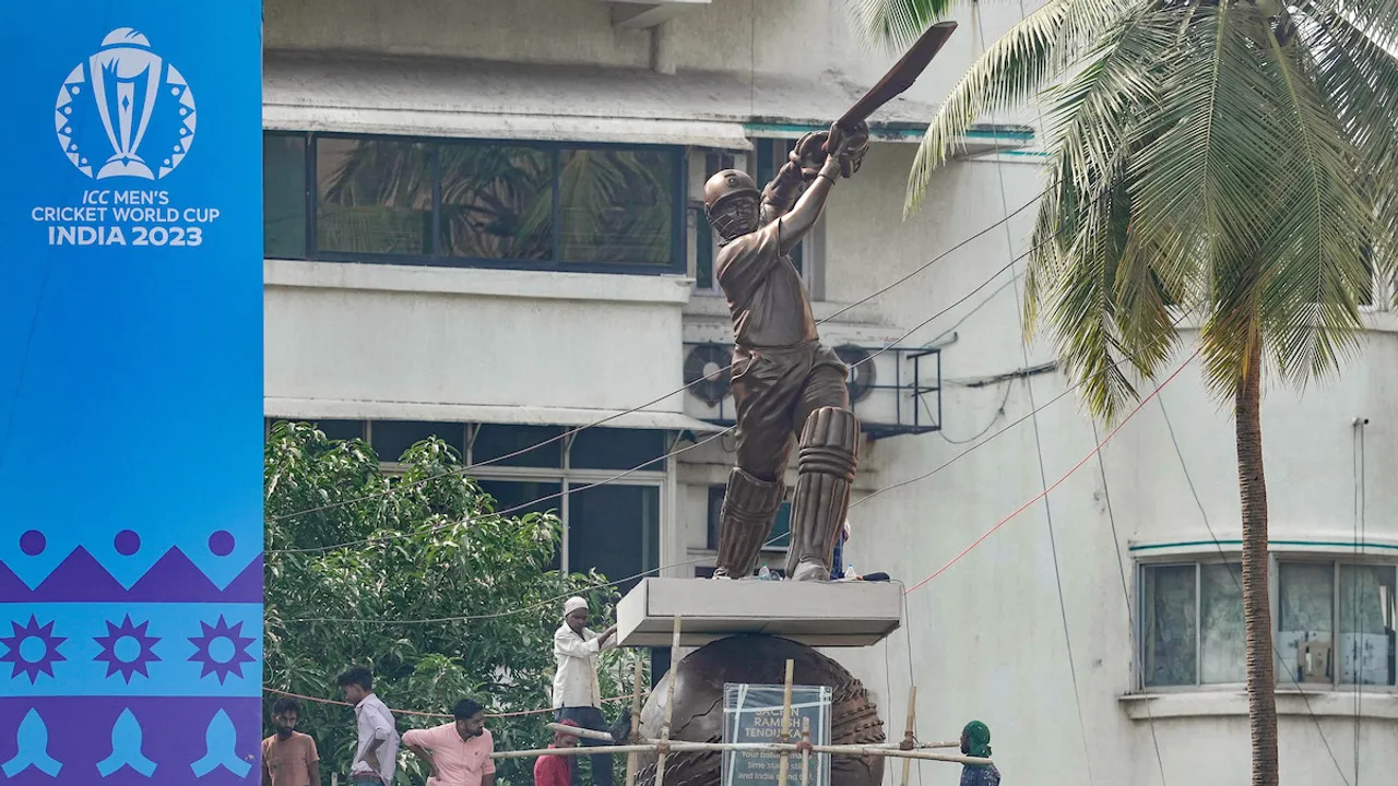 A life-size statue of former cricketer Sachin Tendulkar at the Wankhede Stadium, in Mumbai, Tuesday, Oct. 31, 2023. The statue will be unveiled on Wednesday.