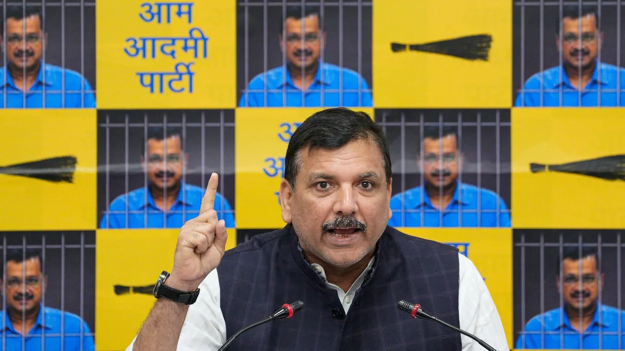 AAP MP Sanjay Singh addresses a press conference, in New Delhi, Friday, April 5, 2024