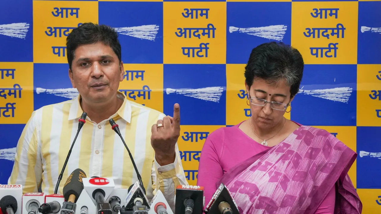 AAP leaders Saurabh Bharadwaj and Atishi Singh address a press conference, in New Delhi, on Tuesday, April 2, 2024