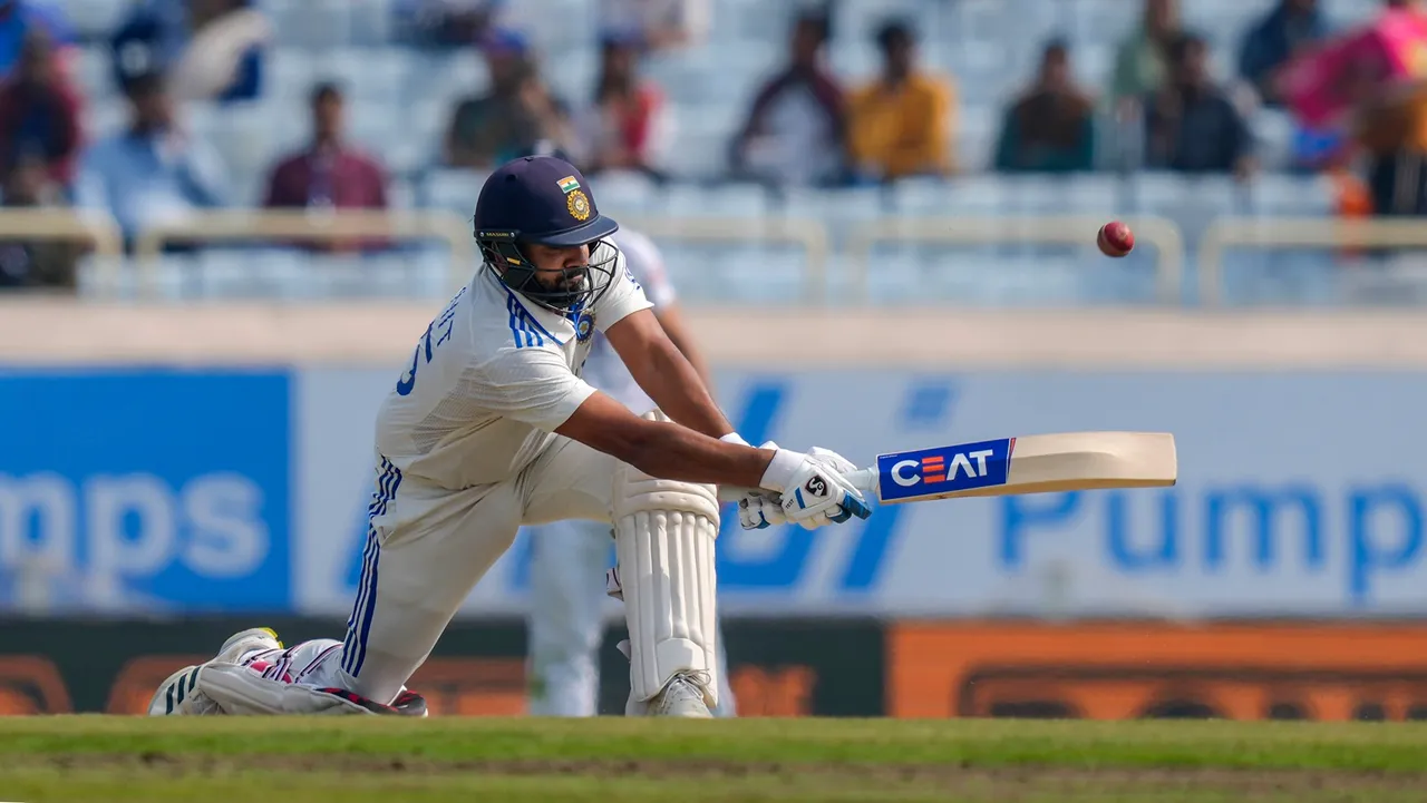  Rohit Sharma plays a shot during the fourth day of the fourth Test cricket match between India and England, in Ranchi, Monday, Feb. 26, 2024.