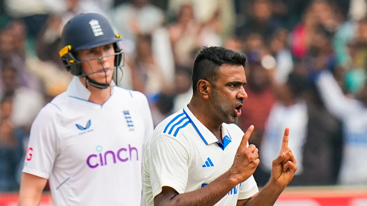 India's bowler Ravichandran Ashwin celebrates the wicket of England's batter Joe Root during the fourth day of the second Test match