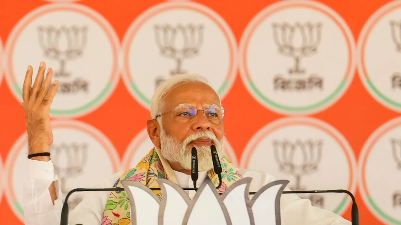 Prime Minister Narendra Modi addresses a public meeting at Bardhaman, ahead of the third phase of Lok Sabha elections, in Purba Bardhaman district