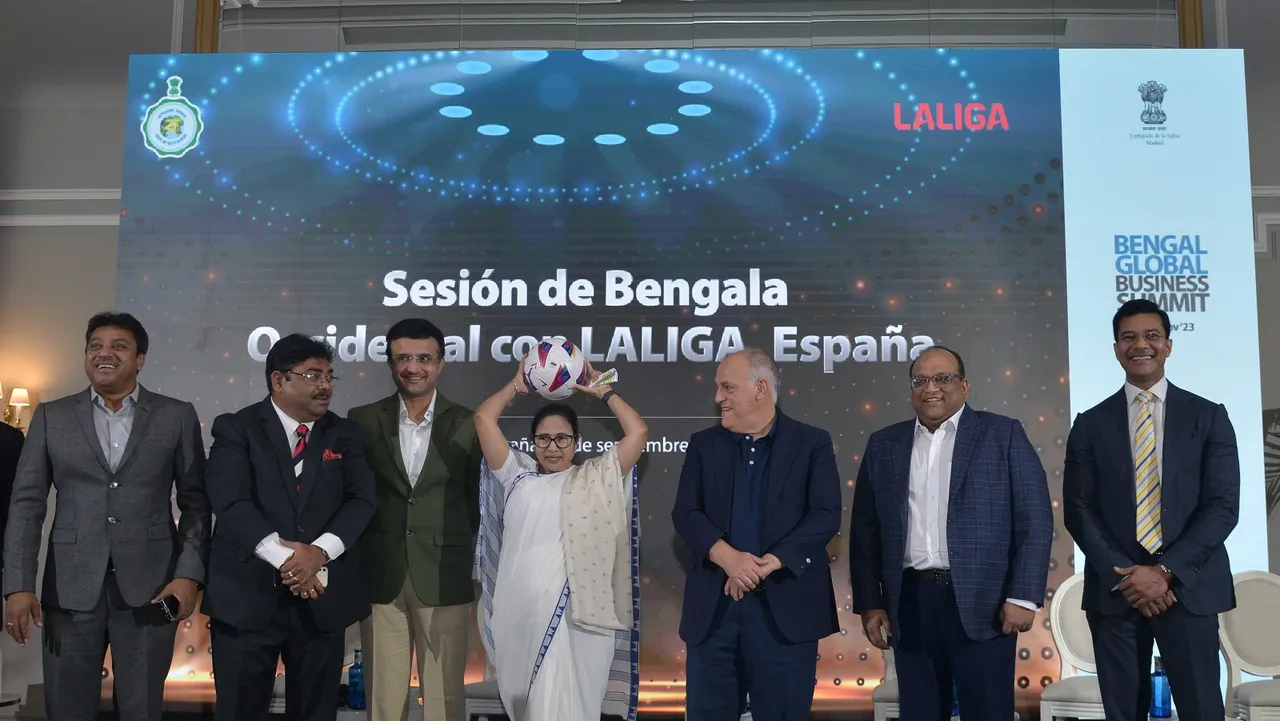 West Bengal Chief Minister Mamata Banerjee with La Liga President Javier Tebas, former BCCI president Sourav Ganguly and others during a programme organised as part of the Bengal Global Business Summit, in Madrid, Spain