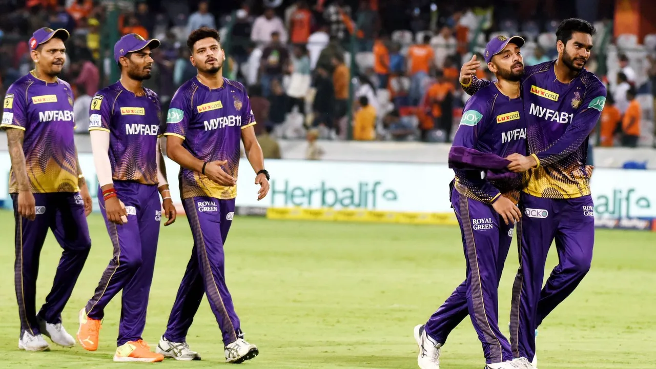 Kolkata Knight Riders players celebrate their victory over Sunrisers Hyderabad on May 4