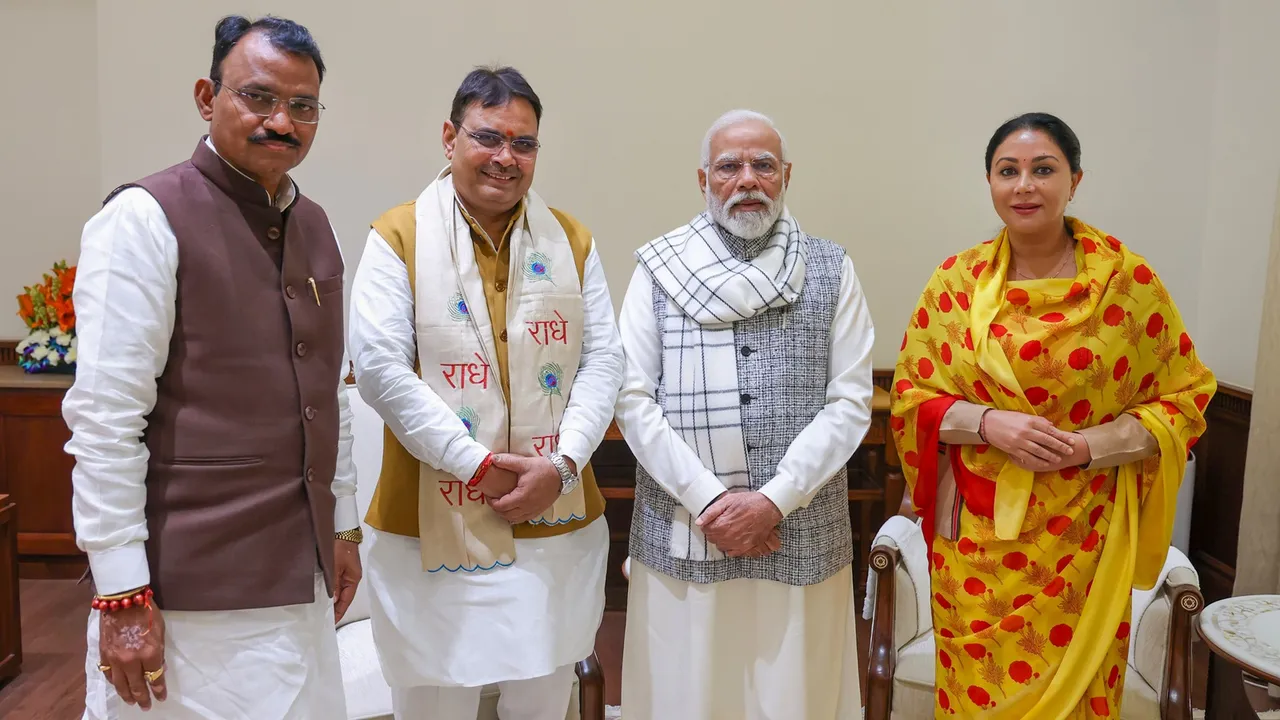 Prime Minister Narendra Modi with Rajasthan Chief Minister Bhajan Lal Sharma and his deputies Diya Kumari and Prem Chand Bairwa during a meeting
